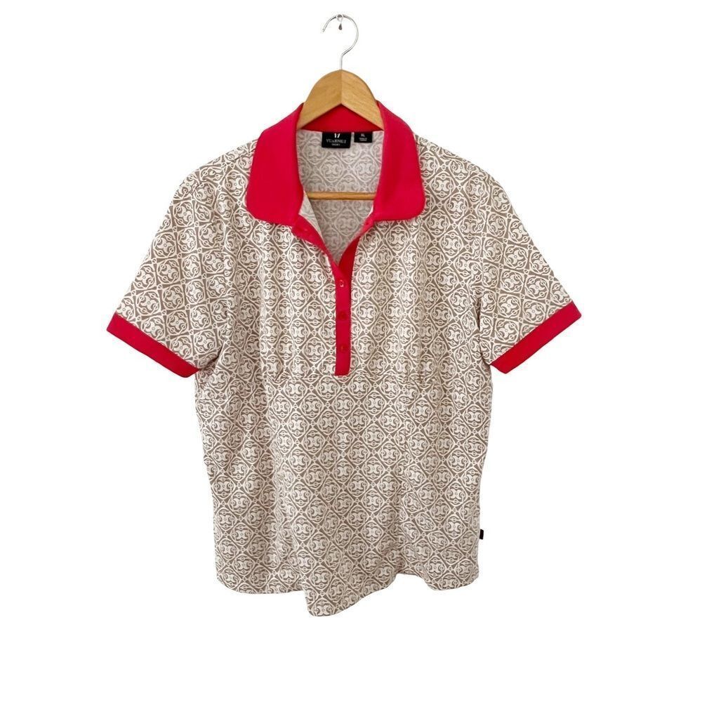 Vuarnet Sport Tan Cream Geometric‎ Print "Palace on the Prairie" Golf Polo Shirt
